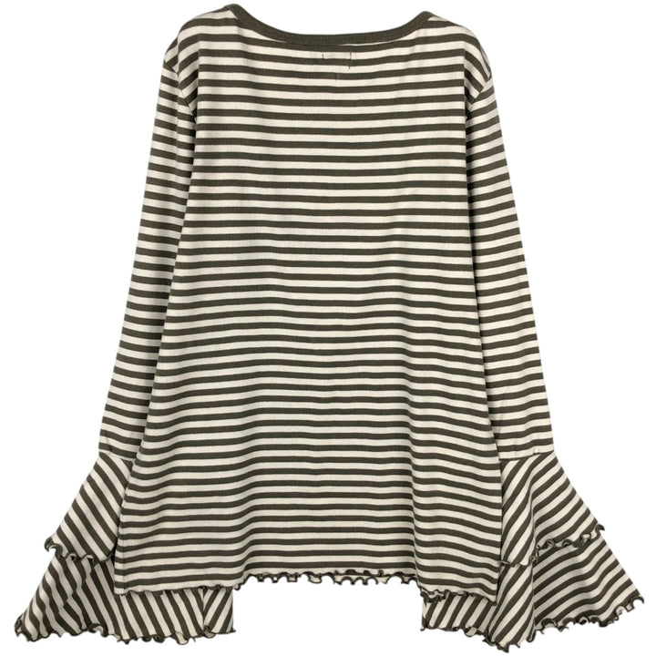TRUE CRAFT Border Pattern Tiered Sleeve Long T-Shirt (Women's Size L) cotton Khaki type Vintage Second Hand