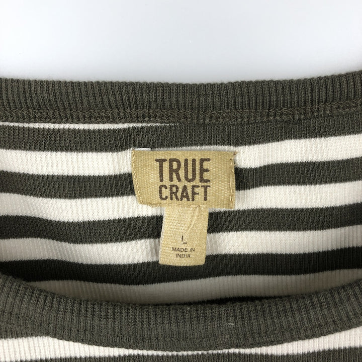 TRUE CRAFT Border Pattern Tiered Sleeve Long T-Shirt (Women's Size L) cotton Khaki type Vintage Second Hand
