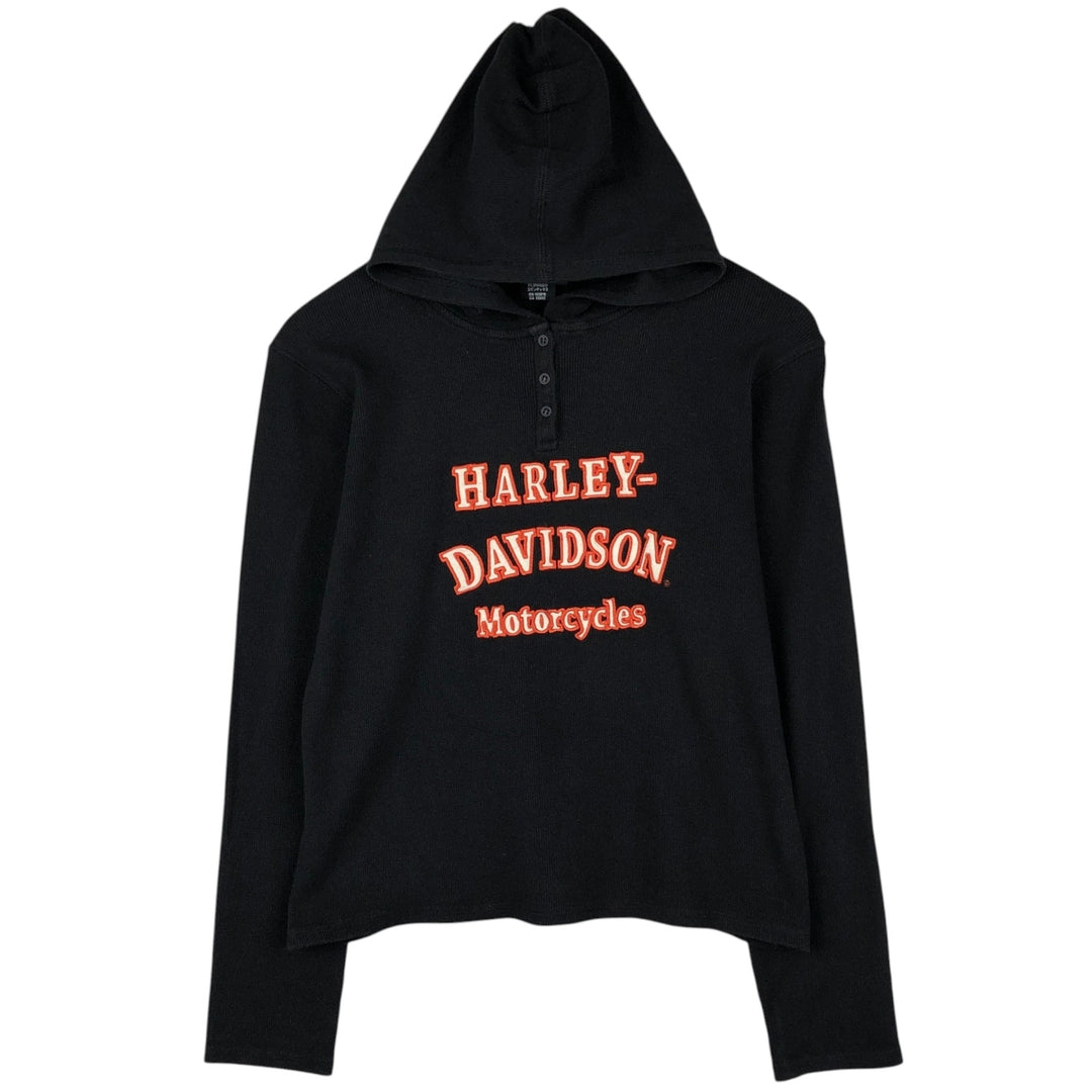 Harley-Davidson Hooded Motorcycle Henley Neck Thermal Long-Sleeve T-Shirt (Waffle Thread, Women's Size XL) cotton black type Vintage Second Hand
