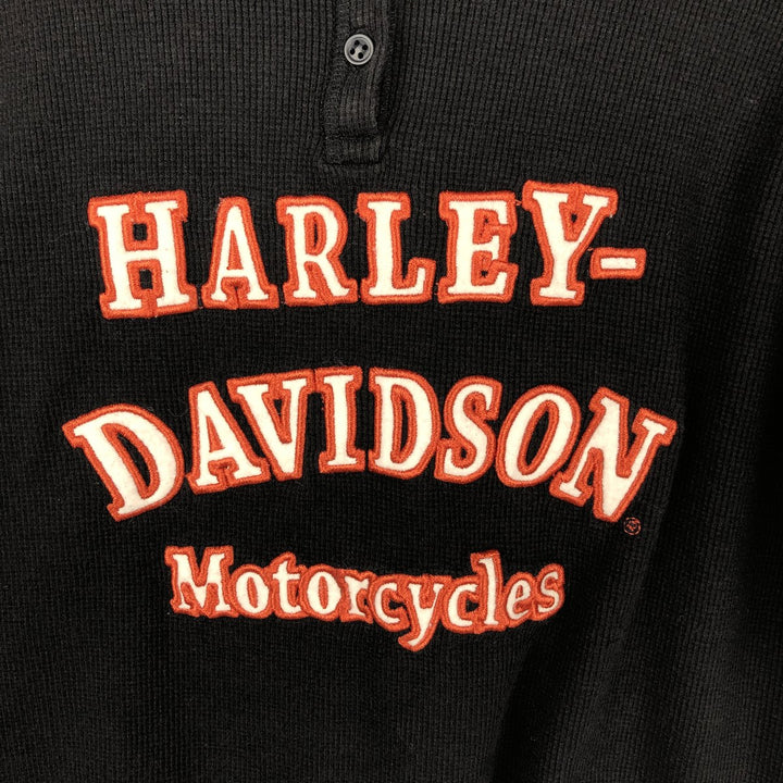 Harley-Davidson Hooded Motorcycle Henley Neck Thermal Long-Sleeve T-Shirt (Waffle Thread, Women's Size XL) cotton black type Vintage Second Hand