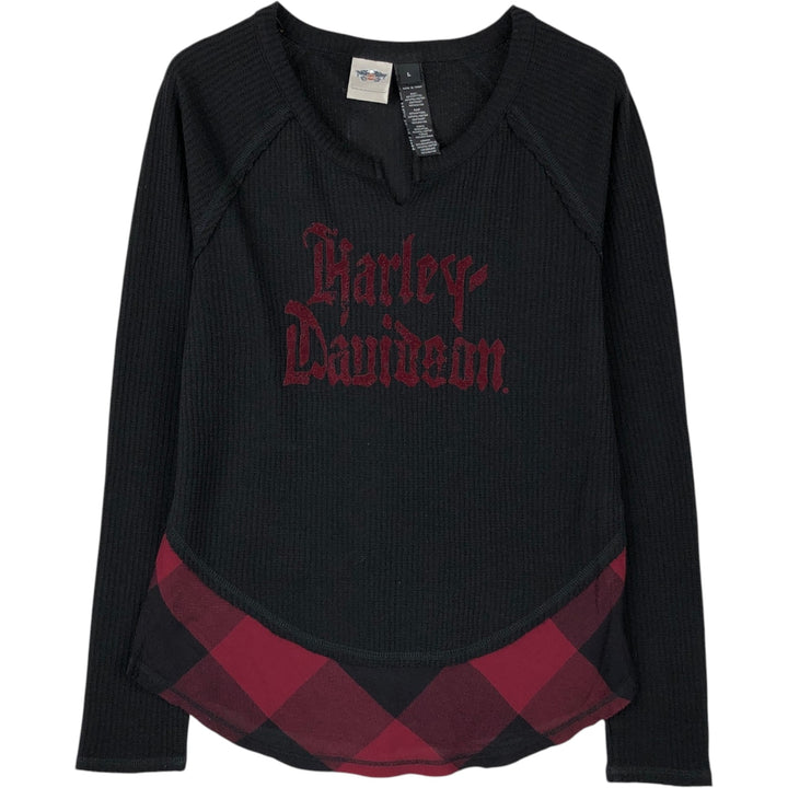 Harley-Davidson Check Pattern Motorcycle Slit Neck Thermal Long T-Shirt (Women's Size L) cotton black type Vintage Second Hand
