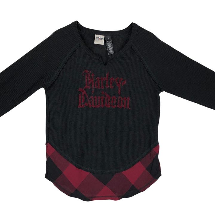 Harley-Davidson Check Pattern Motorcycle Slit Neck Thermal Long T-Shirt (Women's Size L) cotton black type Vintage Second Hand