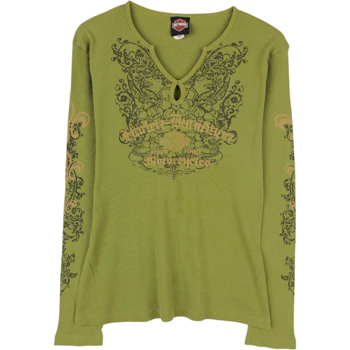 Harley-Davidson Keyhole Neck Long-Sleeve T-Shirt, Made in USA, Women's Size L (approx.) cotton green type yellow green Vintage Second Hand