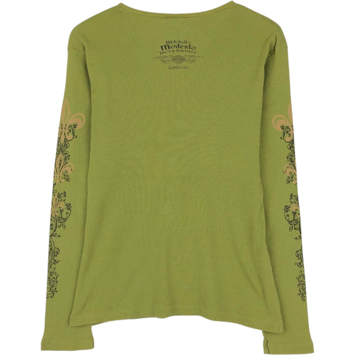 Harley-Davidson Keyhole Neck Long-Sleeve T-Shirt, Made in USA, Women's Size L (approx.) cotton green type yellow green Vintage Second Hand