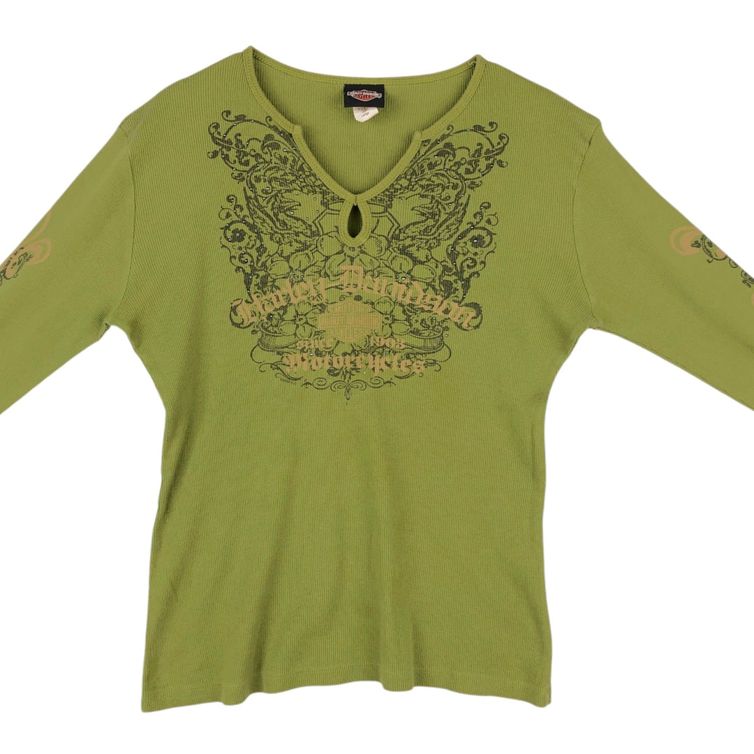 Harley-Davidson Keyhole Neck Long-Sleeve T-Shirt, Made in USA, Women's Size L (approx.) cotton green type yellow green Vintage Second Hand