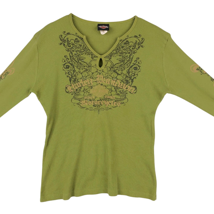Harley-Davidson Keyhole Neck Long-Sleeve T-Shirt, Made in USA, Women's Size L (approx.) cotton green type yellow green Vintage Second Hand