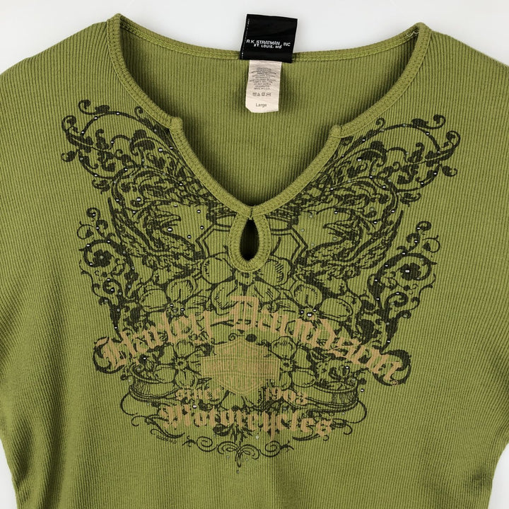 Harley-Davidson Keyhole Neck Long-Sleeve T-Shirt, Made in USA, Women's Size L (approx.) cotton green type yellow green Vintage Second Hand