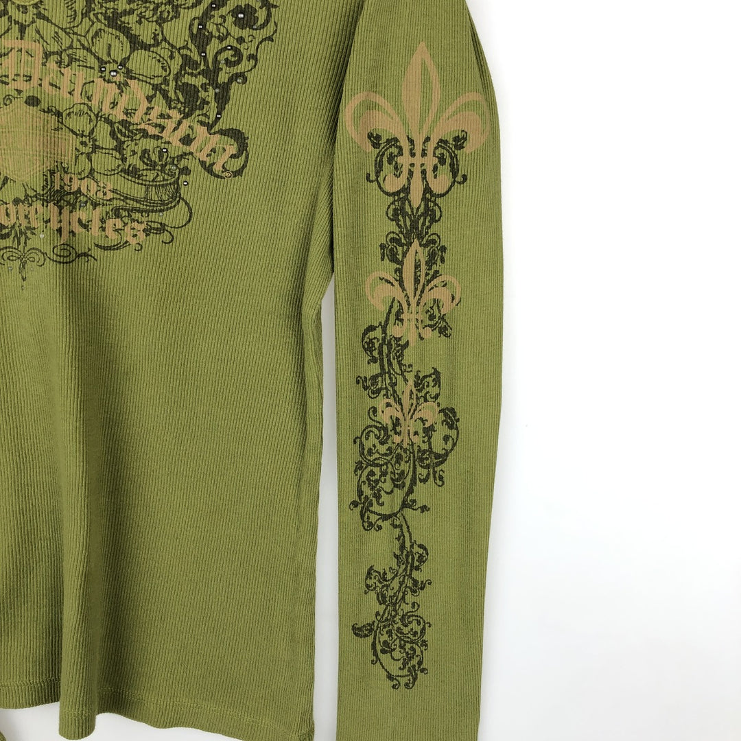 Harley-Davidson Keyhole Neck Long-Sleeve T-Shirt, Made in USA, Women's Size L (approx.) cotton green type yellow green Vintage Second Hand