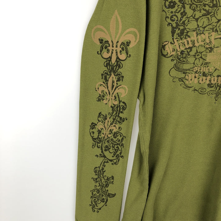 Harley-Davidson Keyhole Neck Long-Sleeve T-Shirt, Made in USA, Women's Size L (approx.) cotton green type yellow green Vintage Second Hand