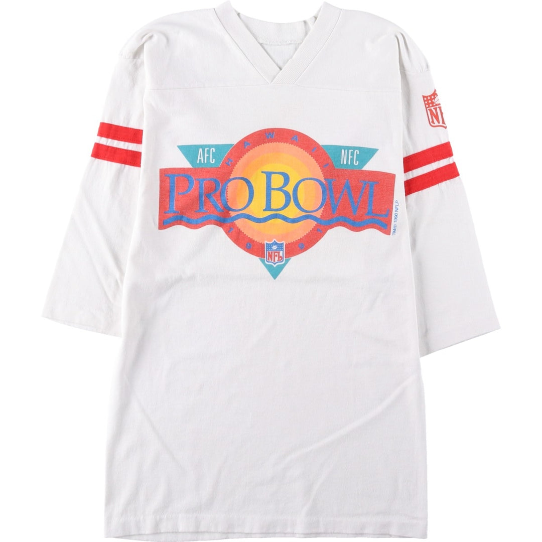 90'S NFL PRO BOWL V-neck football short-sleeve t-shirt, women's size S equivalent, vintage. unclear white type Vintage Second Hand