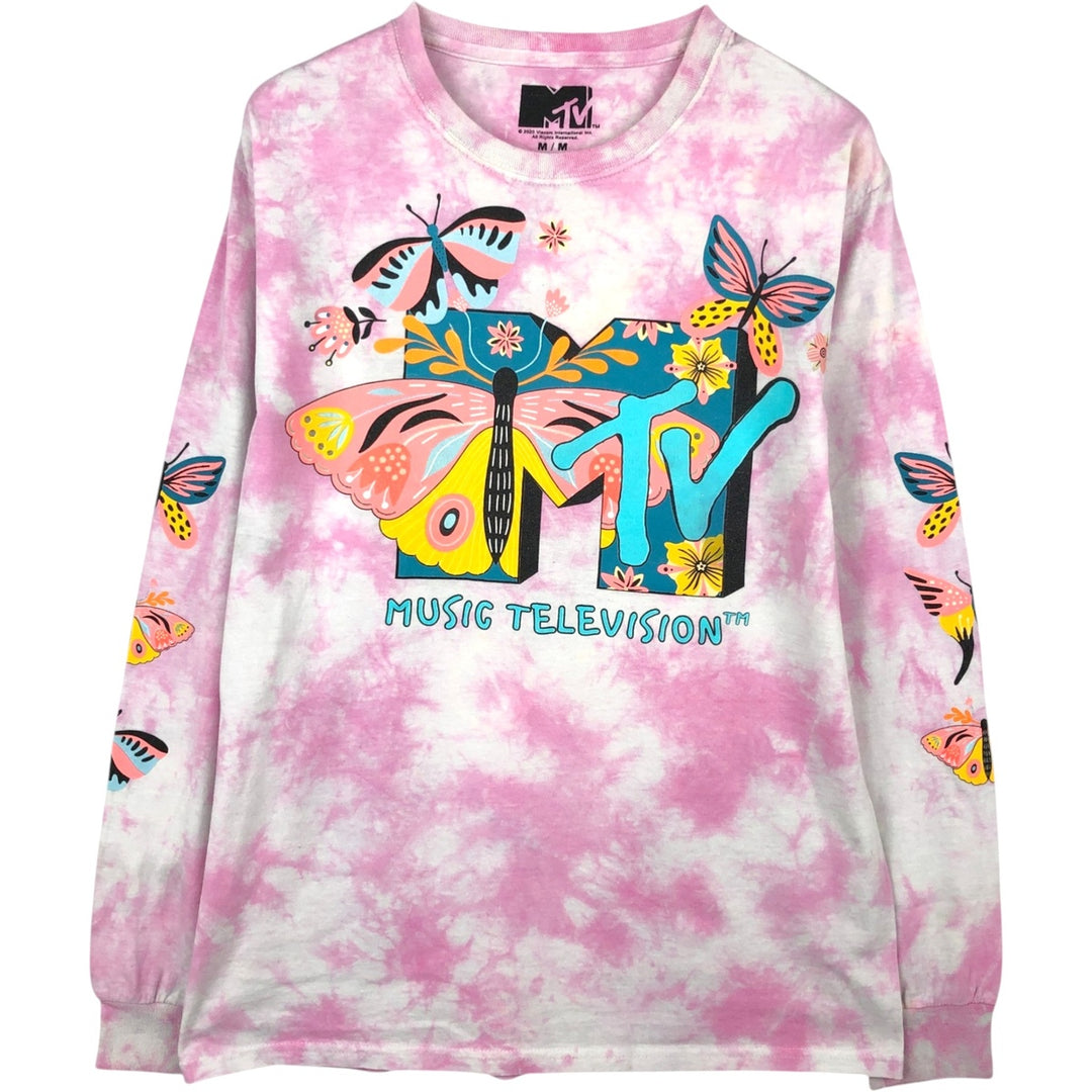 MTV Tie-Dye Pattern Butterfly Pattern Long-Sleeve T-Shirt (Women's Size M) cotton pink type Vintage Second Hand