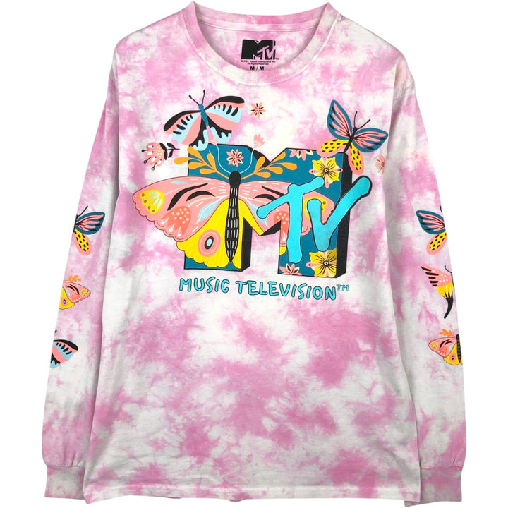 MTV Tie-Dye Pattern Butterfly Pattern Long-Sleeve T-Shirt (Women's Size M) cotton pink type Vintage Second Hand