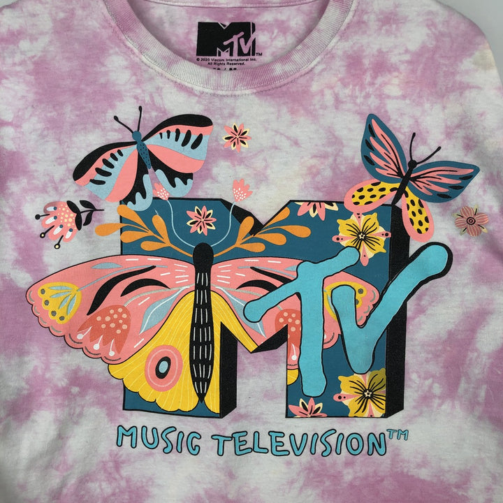 MTV Tie-Dye Pattern Butterfly Pattern Long-Sleeve T-Shirt (Women's Size M) cotton pink type Vintage Second Hand