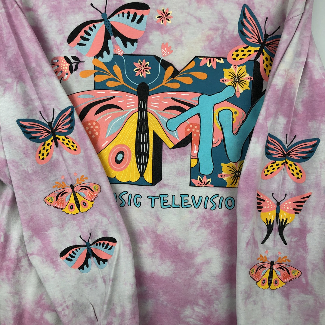 MTV Tie-Dye Pattern Butterfly Pattern Long-Sleeve T-Shirt (Women's Size M) cotton pink type Vintage Second Hand