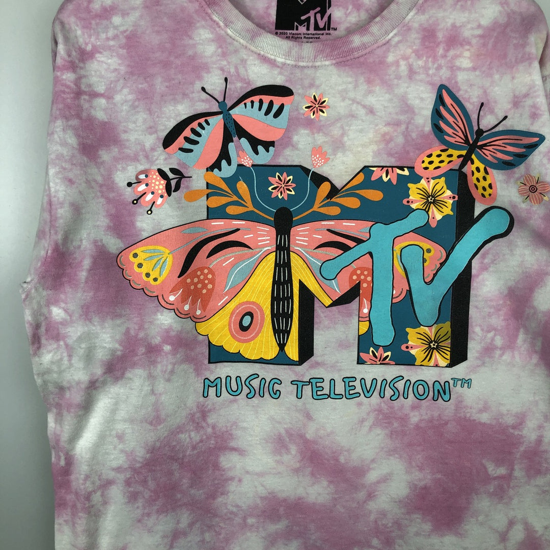 MTV Tie-Dye Pattern Butterfly Pattern Long-Sleeve T-Shirt (Women's Size M) cotton pink type Vintage Second Hand