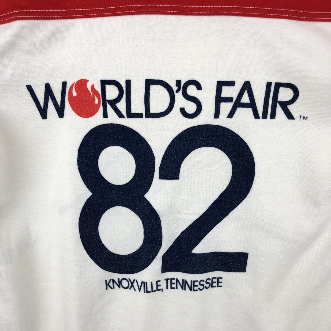 1980'S Textile Prints Knoxville International Exposition 3/4 Sleeve Long T-Shirt, Made in USA, Women's Size L (Equivalent), Vintage polyester pale white type Vintage Second Hand