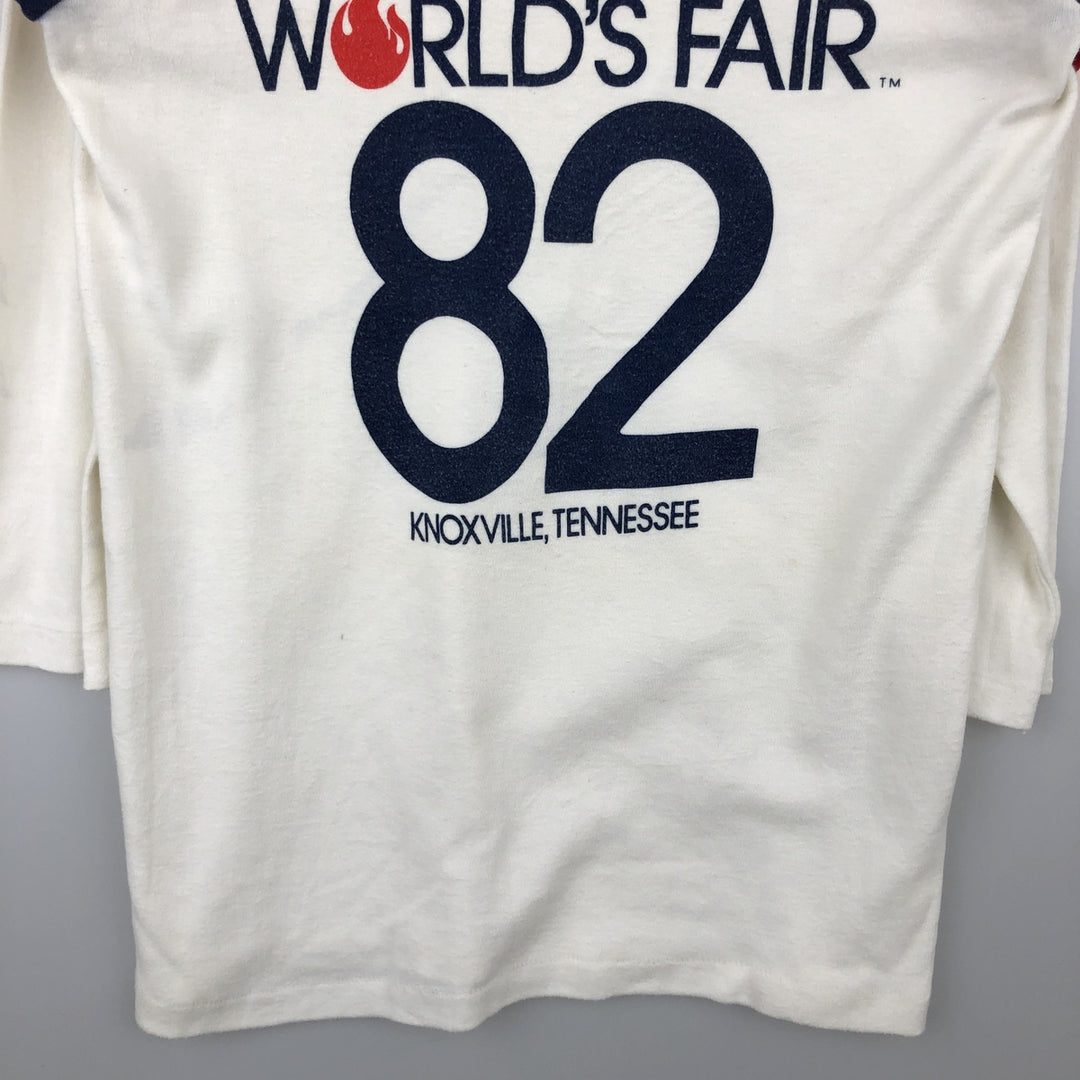 1980'S Textile Prints Knoxville International Exposition 3/4 Sleeve Long T-Shirt, Made in USA, Women's Size L (Equivalent), Vintage polyester pale white type Vintage Second Hand