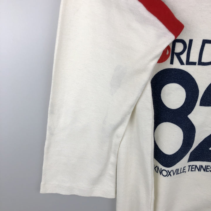 1980'S Textile Prints Knoxville International Exposition 3/4 Sleeve Long T-Shirt, Made in USA, Women's Size L (Equivalent), Vintage polyester pale white type Vintage Second Hand