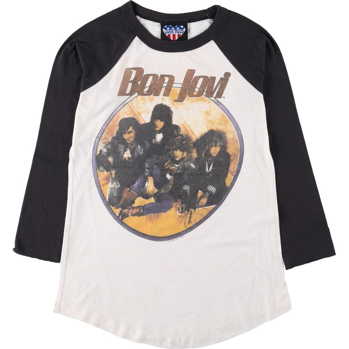 JUNK FOOD BON JOVI 3/4 Sleeve Cut-Off Raglan Band T-Shirt (USA Made, Women's Size M) cotton white type Vintage Second Hand