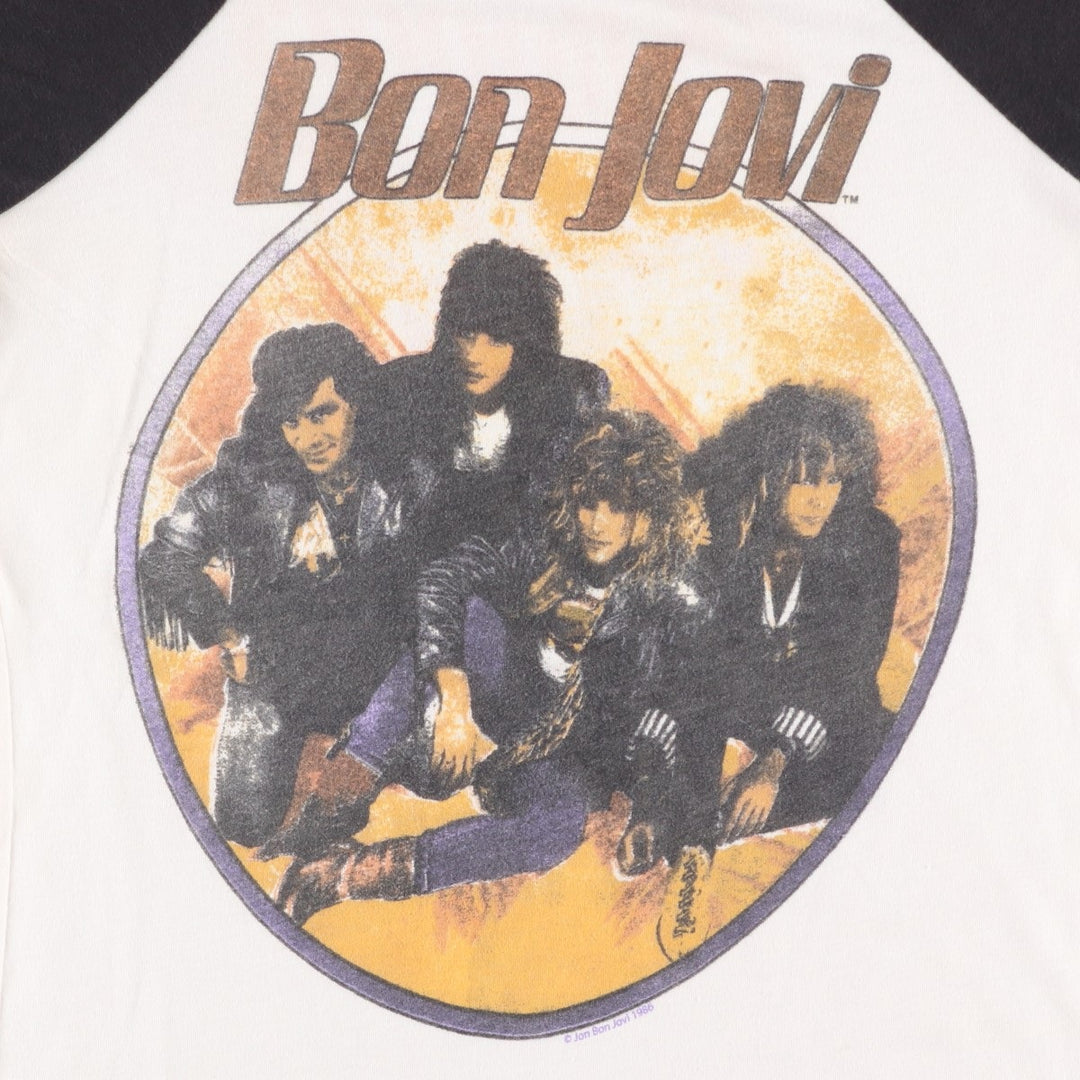 JUNK FOOD BON JOVI 3/4 Sleeve Cut-Off Raglan Band T-Shirt (USA Made, Women's Size M) cotton white type Vintage Second Hand