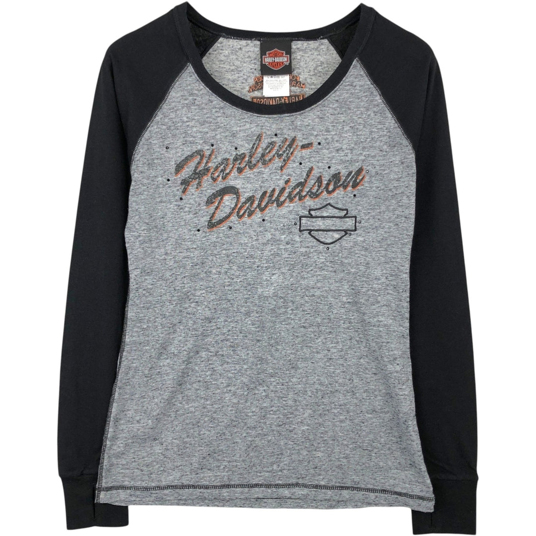 Harley-Davidson Motorcycle Long-Sleeve T-Shirt with Thumbholes and Rhinestones (Women's Size M) polyester gray type Vintage Second Hand