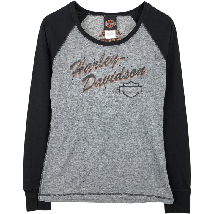 Harley-Davidson Motorcycle Long-Sleeve T-Shirt with Thumbholes and Rhinestones (Women's Size M) polyester gray type Vintage Second Hand