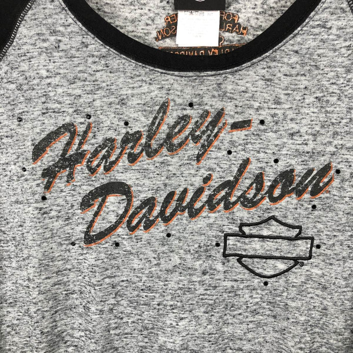 Harley-Davidson Motorcycle Long-Sleeve T-Shirt with Thumbholes and Rhinestones (Women's Size M) polyester gray type Vintage Second Hand