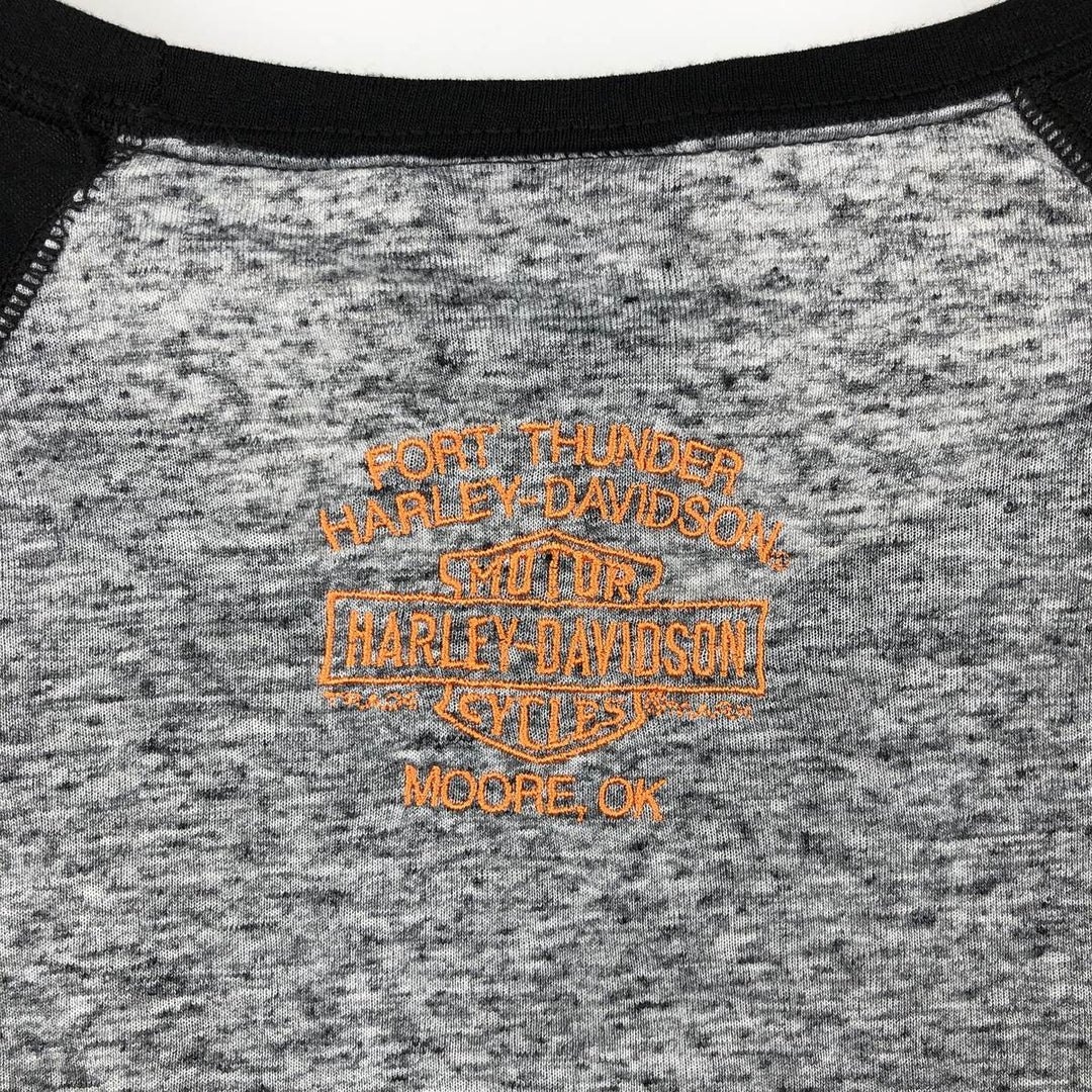 Harley-Davidson Motorcycle Long-Sleeve T-Shirt with Thumbholes and Rhinestones (Women's Size M) polyester gray type Vintage Second Hand