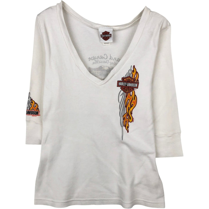 2000'S Harley-Davidson Fire Pattern Eagle Print Motorcycle 3/4 Sleeve V-Neck Long T-Shirt (Women's Size M) cotton white type Vintage Second Hand