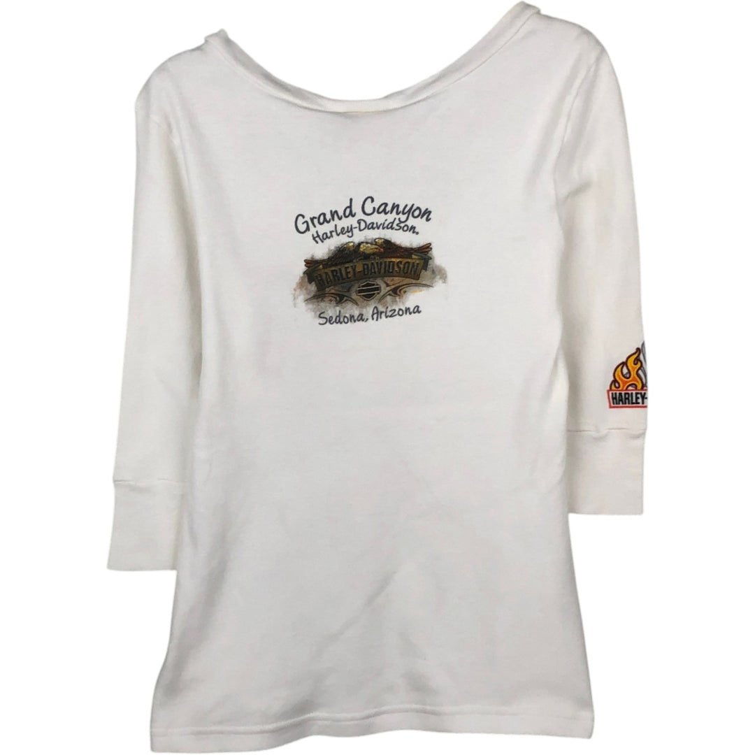 2000'S Harley-Davidson Fire Pattern Eagle Print Motorcycle 3/4 Sleeve V-Neck Long T-Shirt (Women's Size M) cotton white type Vintage Second Hand