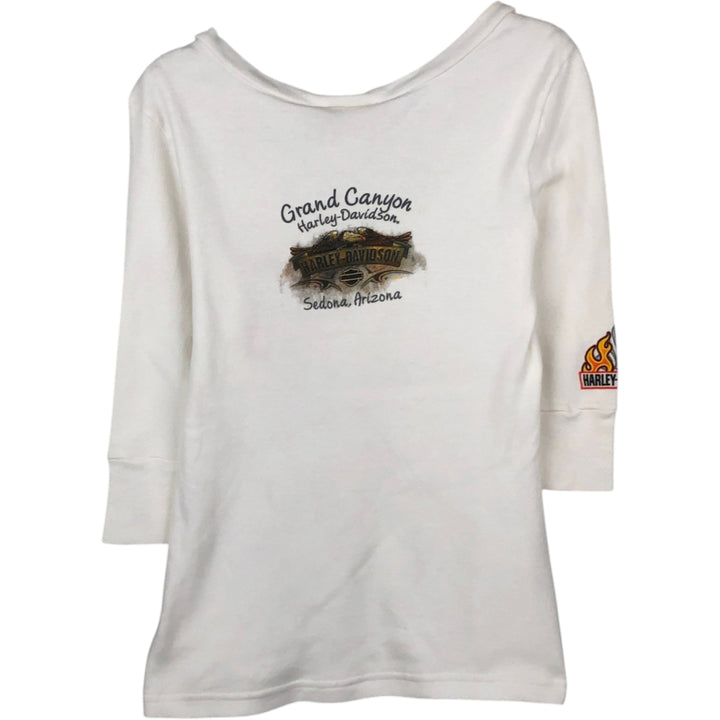 2000'S Harley-Davidson Fire Pattern Eagle Print Motorcycle 3/4 Sleeve V-Neck Long T-Shirt (Women's Size M) cotton white type Vintage Second Hand