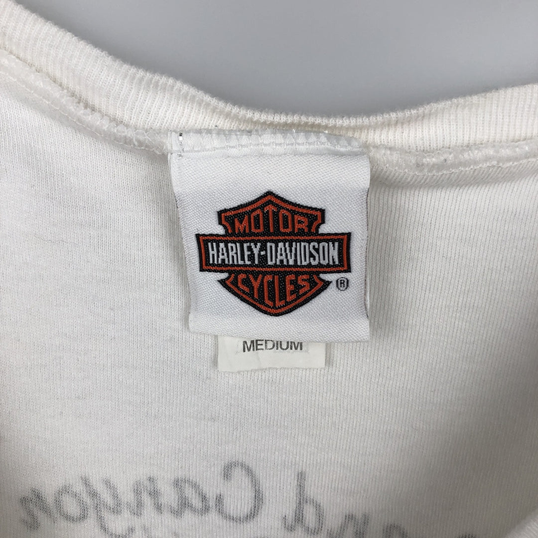 2000'S Harley-Davidson Fire Pattern Eagle Print Motorcycle 3/4 Sleeve V-Neck Long T-Shirt (Women's Size M) cotton white type Vintage Second Hand