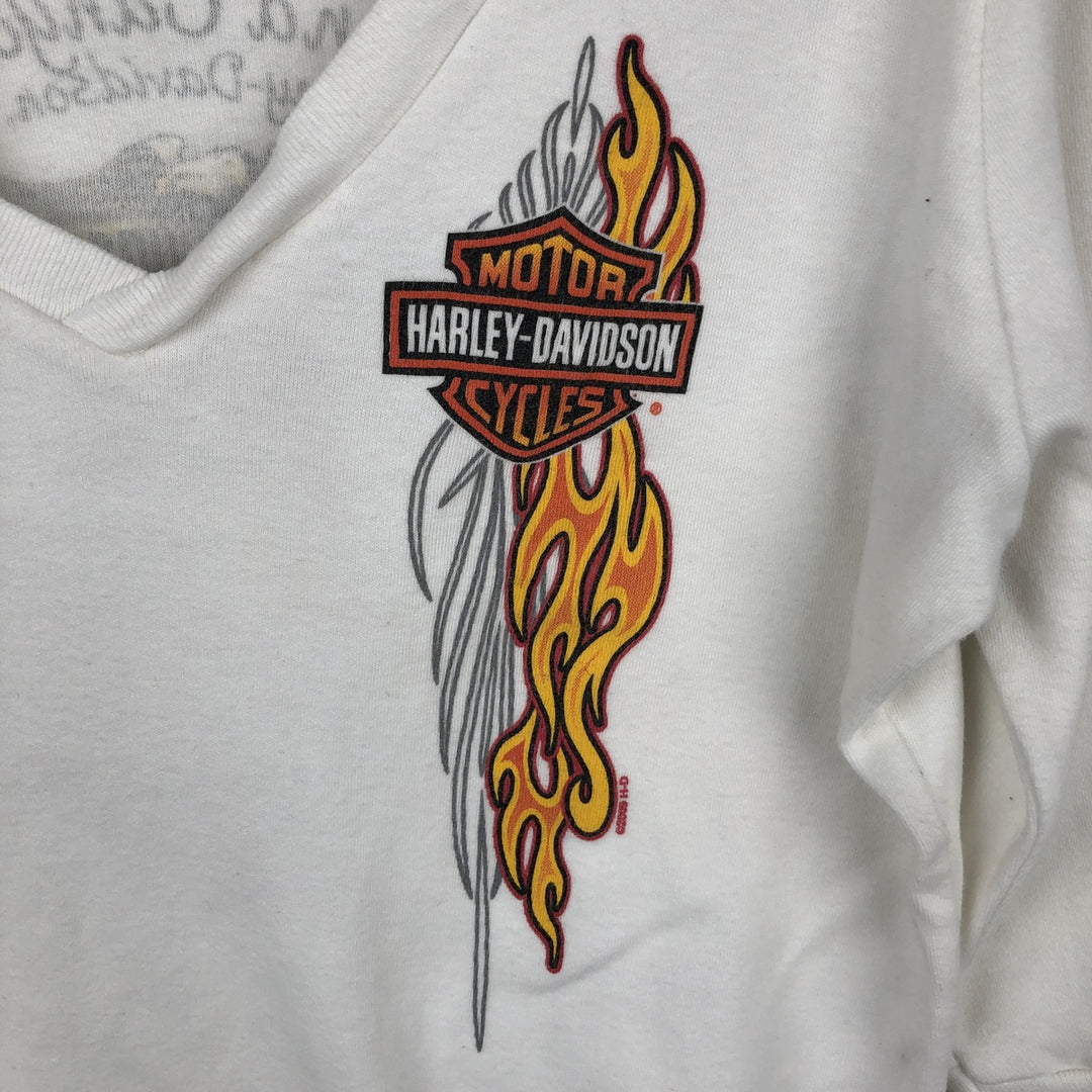 2000'S Harley-Davidson Fire Pattern Eagle Print Motorcycle 3/4 Sleeve V-Neck Long T-Shirt (Women's Size M) cotton white type Vintage Second Hand