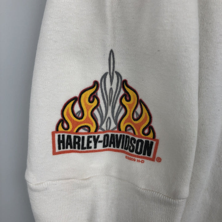 2000'S Harley-Davidson Fire Pattern Eagle Print Motorcycle 3/4 Sleeve V-Neck Long T-Shirt (Women's Size M) cotton white type Vintage Second Hand
