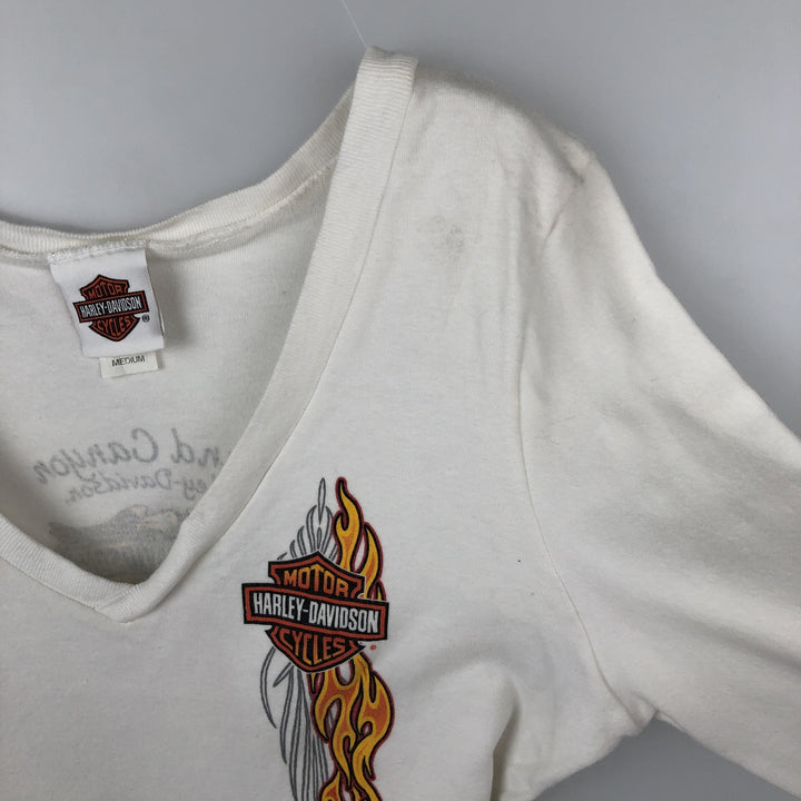2000'S Harley-Davidson Fire Pattern Eagle Print Motorcycle 3/4 Sleeve V-Neck Long T-Shirt (Women's Size M) cotton white type Vintage Second Hand