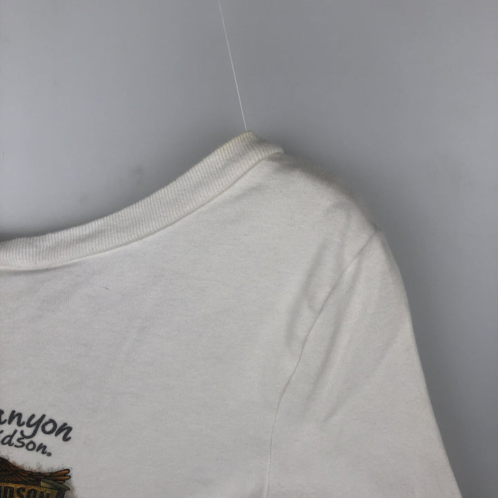 2000'S Harley-Davidson Fire Pattern Eagle Print Motorcycle 3/4 Sleeve V-Neck Long T-Shirt (Women's Size M) cotton white type Vintage Second Hand