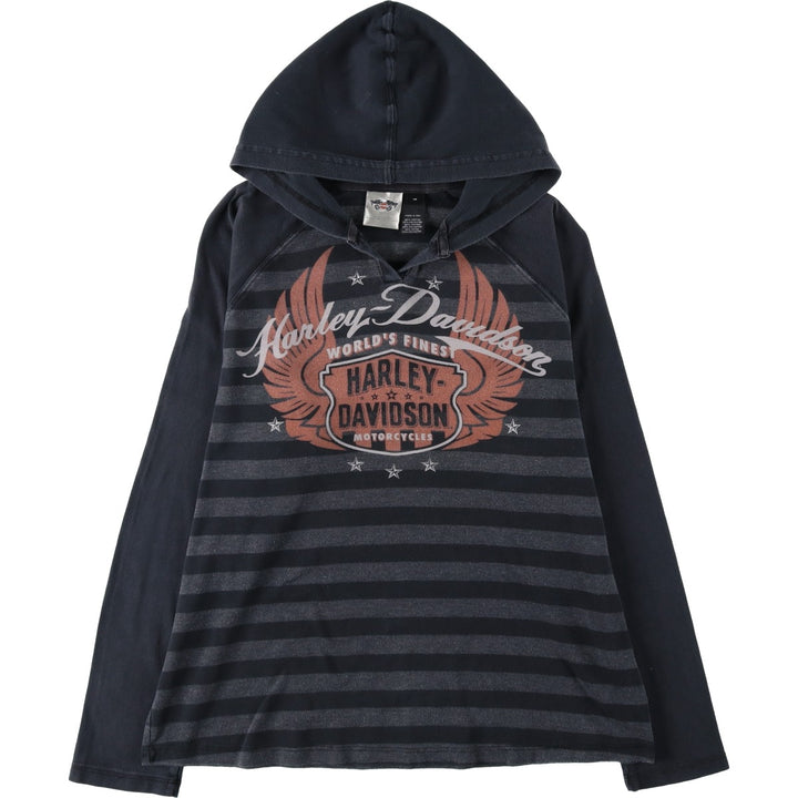 Harley-Davidson Border Pattern Slit Neck Hooded Motorcycle Long-Sleeve T-Shirt (Women's Size L) cotton black type Vintage Second Hand