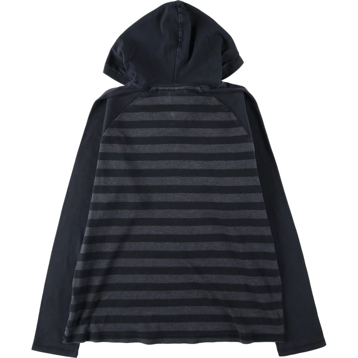 Harley-Davidson Border Pattern Slit Neck Hooded Motorcycle Long-Sleeve T-Shirt (Women's Size L) cotton black type Vintage Second Hand