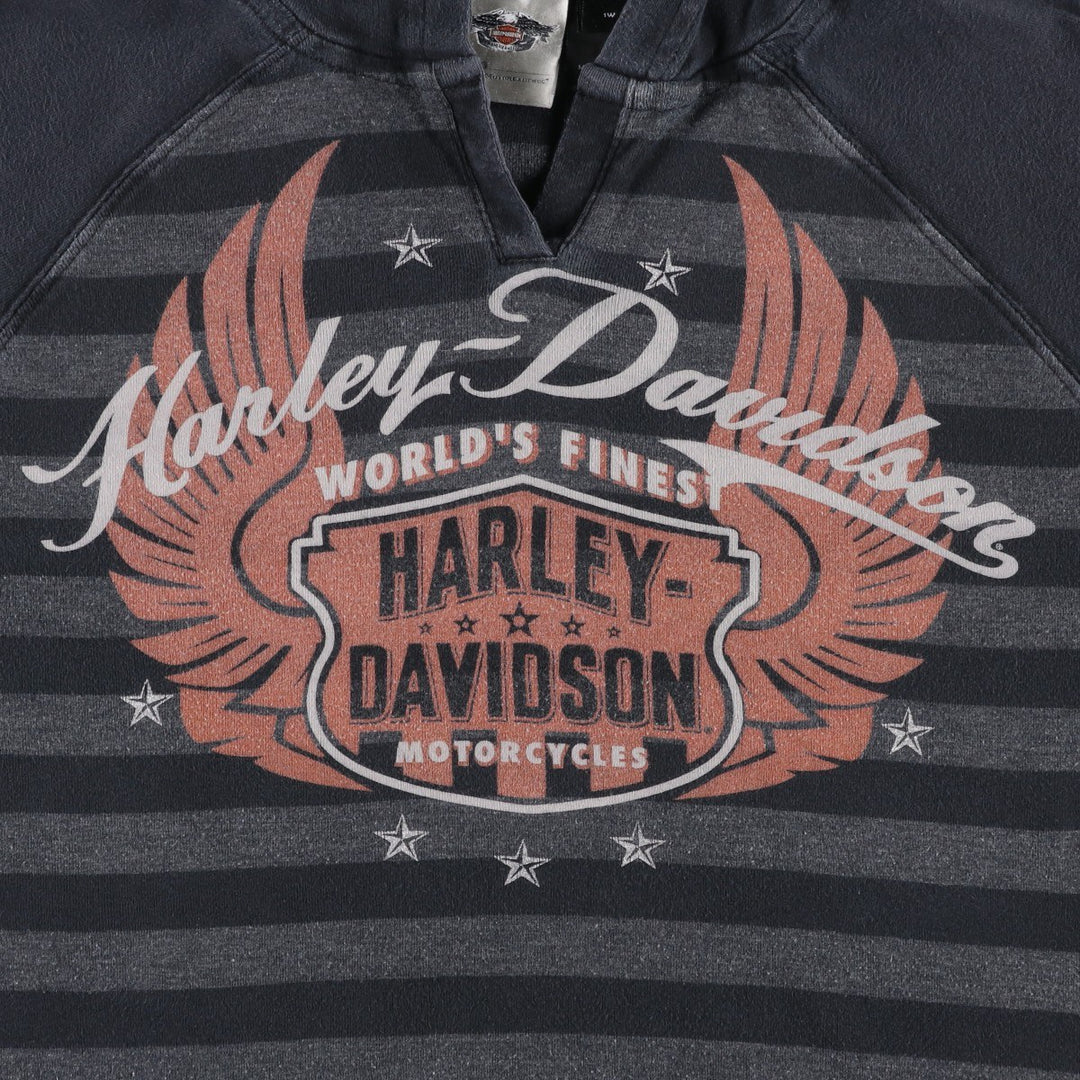 Harley-Davidson Border Pattern Slit Neck Hooded Motorcycle Long-Sleeve T-Shirt (Women's Size L) cotton black type Vintage Second Hand