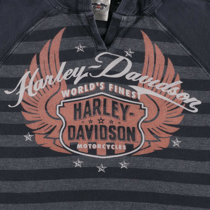 Harley-Davidson Border Pattern Slit Neck Hooded Motorcycle Long-Sleeve T-Shirt (Women's Size L) cotton black type Vintage Second Hand