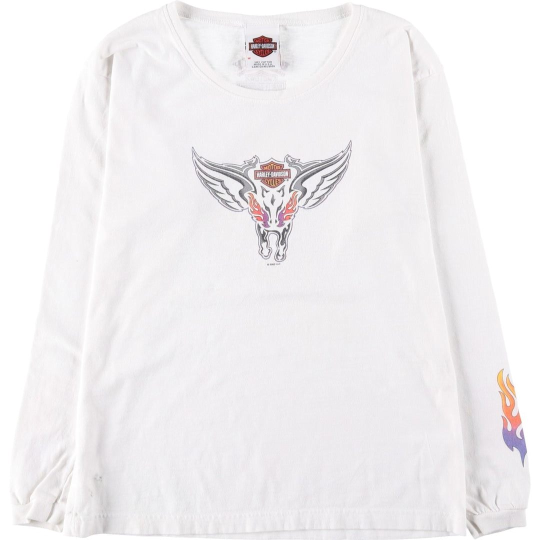 2000'S Harley-Davidson Fire Pattern Motorcycle Long-Sleeve T-Shirt, Made in USA, Women's Size M (approx.) cotton white type Vintage Second Hand