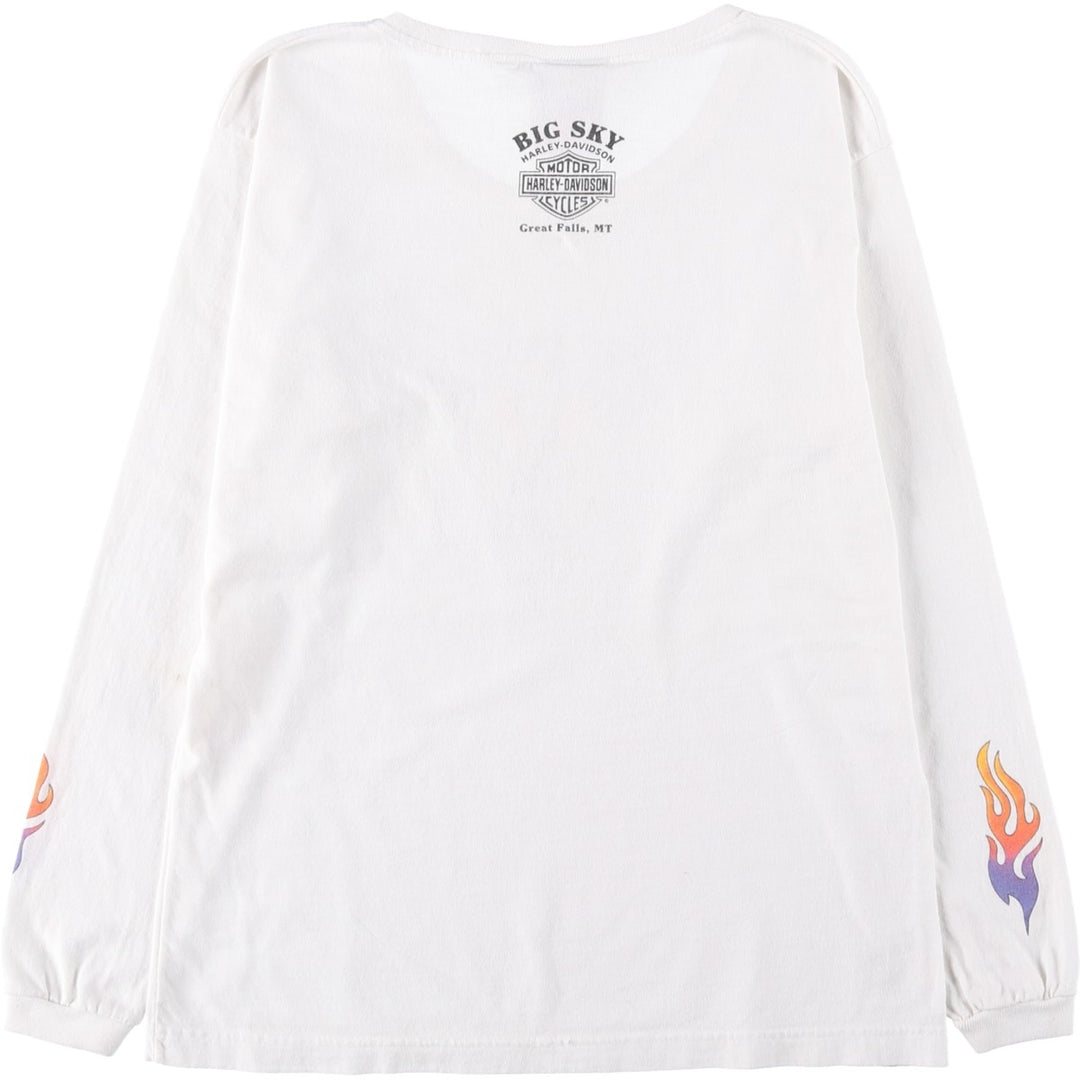 2000'S Harley-Davidson Fire Pattern Motorcycle Long-Sleeve T-Shirt, Made in USA, Women's Size M (approx.) cotton white type Vintage Second Hand