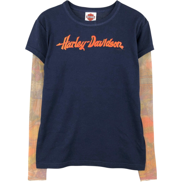 2000'S Harley-Davidson Long-Sleeve T-Shirt, Made in USA, Women's Size L (approx.), Motorcycle cotton navy blue type Vintage Second Hand