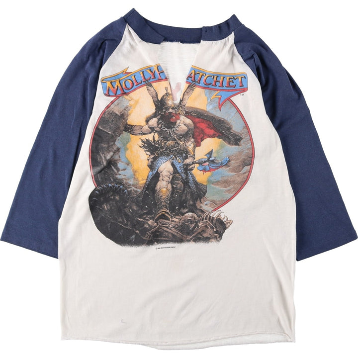 80'S Molly Hatchet V-neck 3/4 sleeve cut-off raglan band t-shirt, women's size S equivalent, vintage. unclear white type Vintage Second Hand