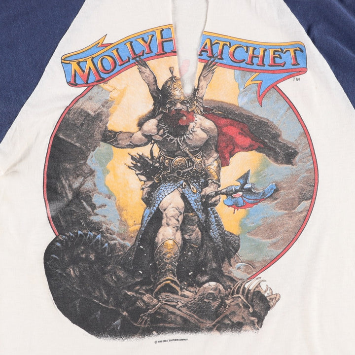 80'S Molly Hatchet V-neck 3/4 sleeve cut-off raglan band t-shirt, women's size S equivalent, vintage. unclear white type Vintage Second Hand