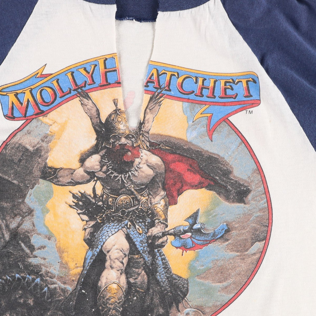 80'S Molly Hatchet V-neck 3/4 sleeve cut-off raglan band t-shirt, women's size S equivalent, vintage. unclear white type Vintage Second Hand