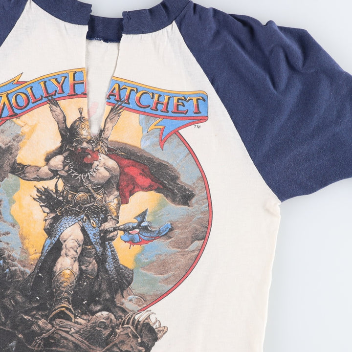 80'S Molly Hatchet V-neck 3/4 sleeve cut-off raglan band t-shirt, women's size S equivalent, vintage. unclear white type Vintage Second Hand