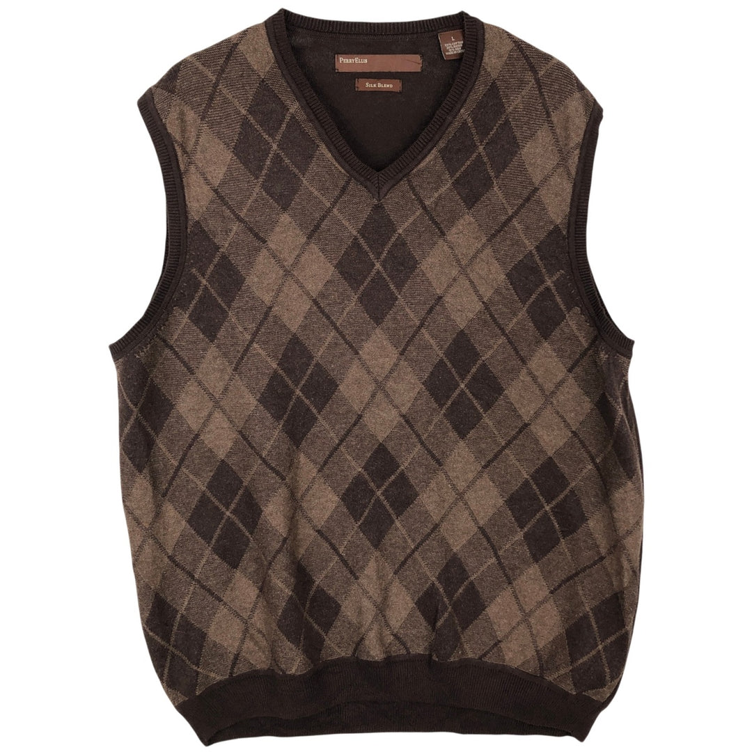 1990'S Perry Ellis Silk Blend Argyle Pattern V-Neck Cotton Knit Vest, Men's Size L (Equivalent), Vintage cotton brown type Vintage Second Hand