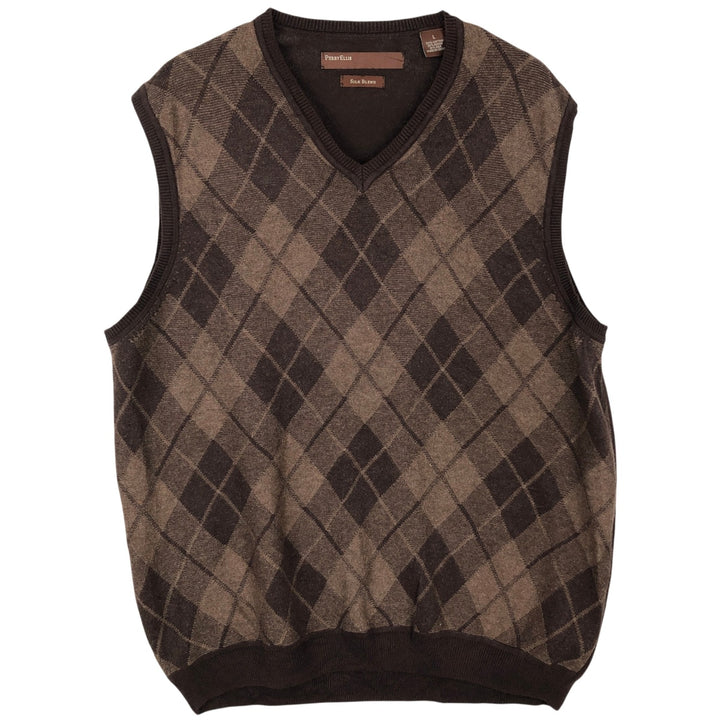 1990'S Perry Ellis Silk Blend Argyle Pattern V-Neck Cotton Knit Vest, Men's Size L (Equivalent), Vintage cotton brown type Vintage Second Hand