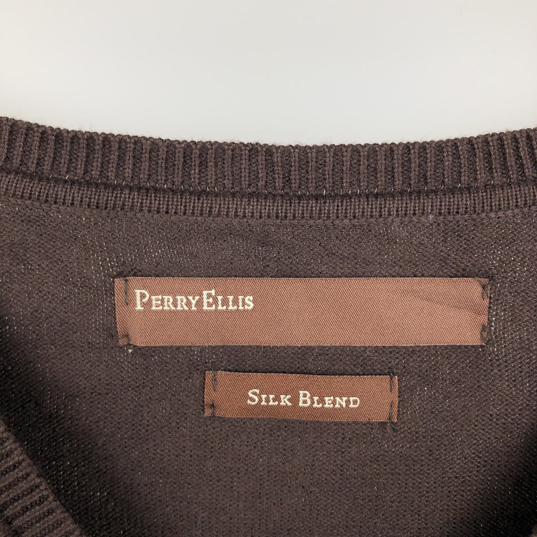 1990'S Perry Ellis Silk Blend Argyle Pattern V-Neck Cotton Knit Vest, Men's Size L (Equivalent), Vintage cotton brown type Vintage Second Hand